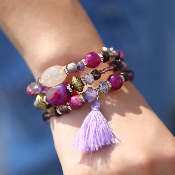 Boho Multilayer Crystal & Stone Tassel Bracelet - Picture 3 of 7